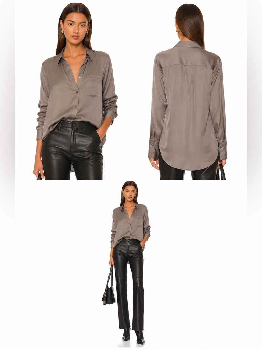 L’AGENCE 100% Silk Button Front Blouse Taupe Gray Oversized Luxury Shirt Top